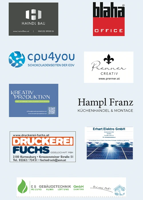 Partnerlogos Haindl Bau, Blaha, CPU4YOU, Kreativproduktion Karolina Pali, Hampl Franz, Druckerei Fuchs, ES Gebäudetechnik